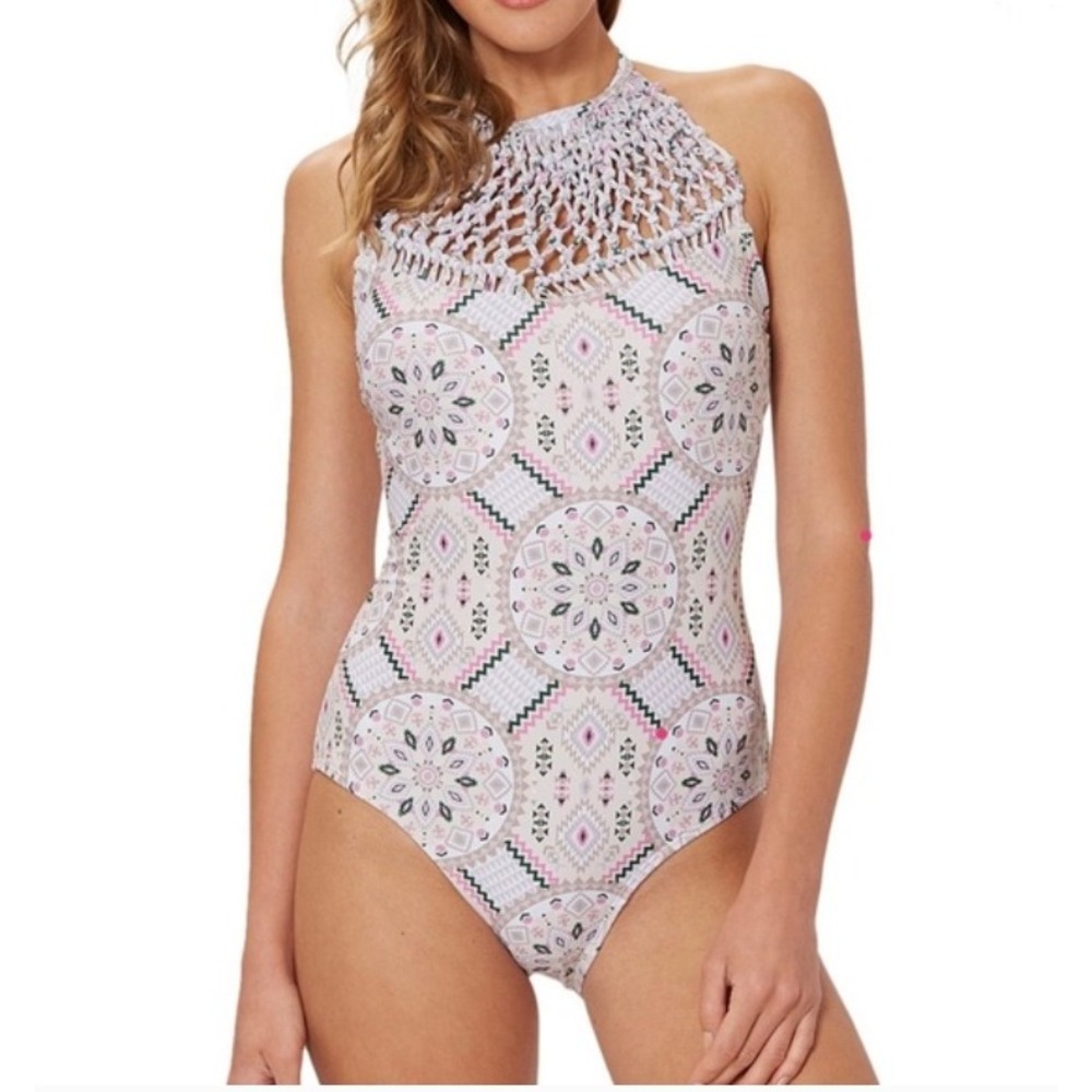 Marilyn Monroe One Piece Swimsuit Women Large Tan Pink Geometric Macrame Halter